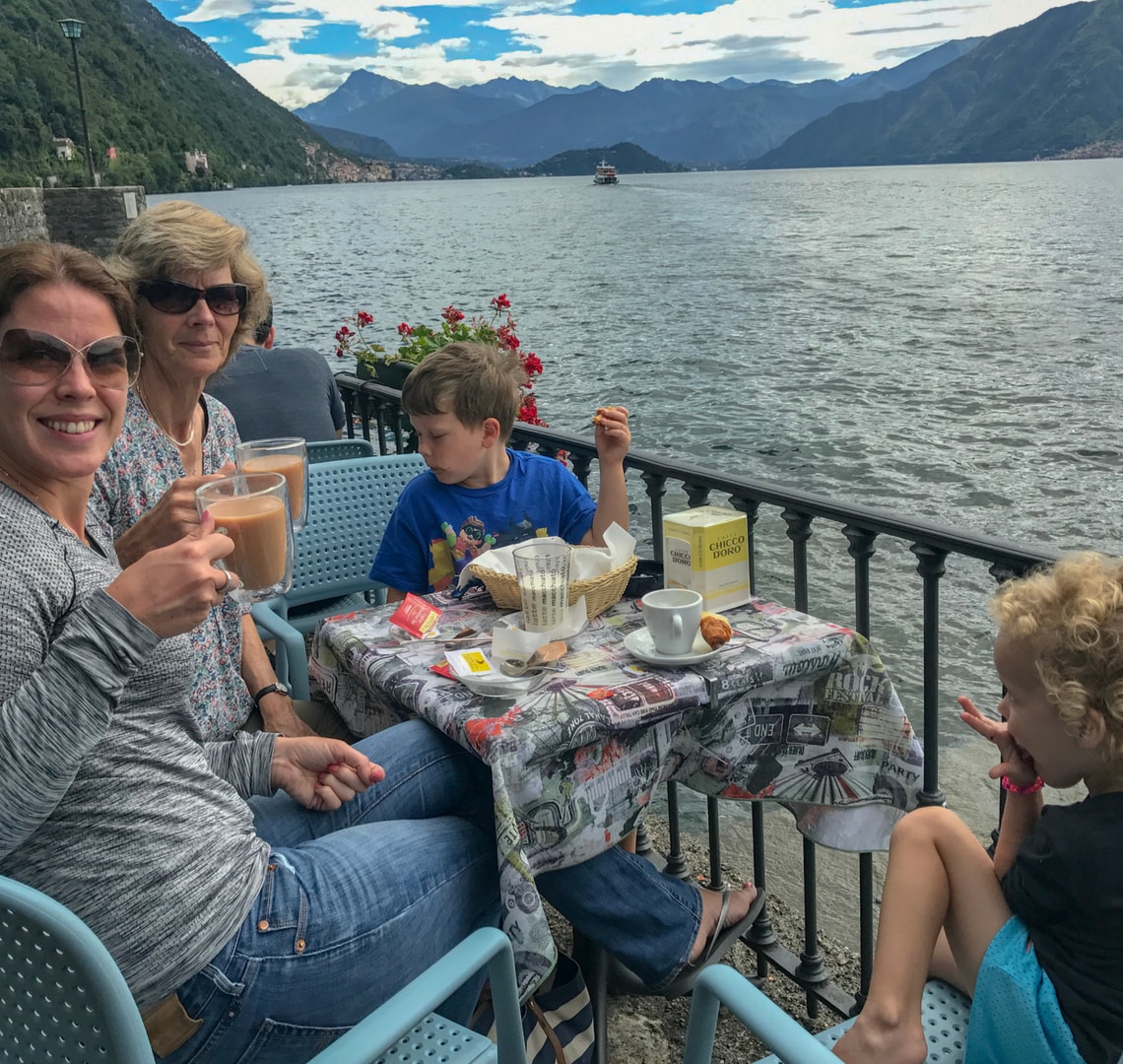 2017 - A Summary of an Absolutely Incredible Year of Holidays! - Wanderlust Family with Granny Wanderlust Having Tea and Breakfast with Granny Wanderlust on Lake Como
