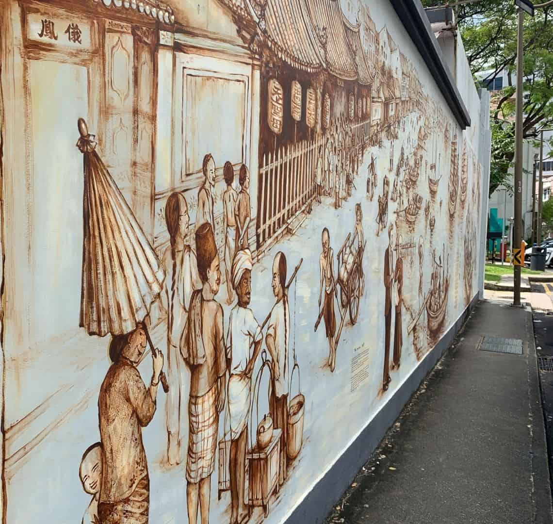 Sepia coloured wall mural by Yip Yew  Chong depicting life at the waterfront