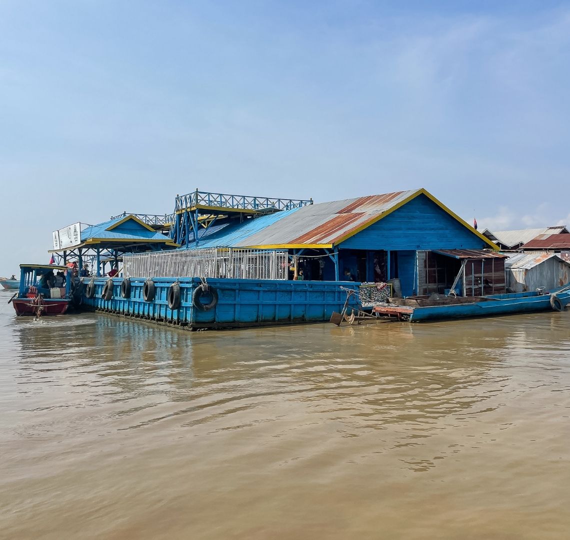 Blue floating building on Tonle Sap lake