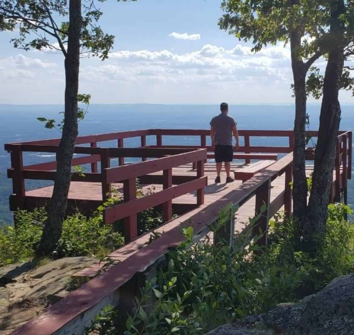 A man in shorts and a t-shirt standing on a wooden platform view point. He is looking out at the flat landscape below him.