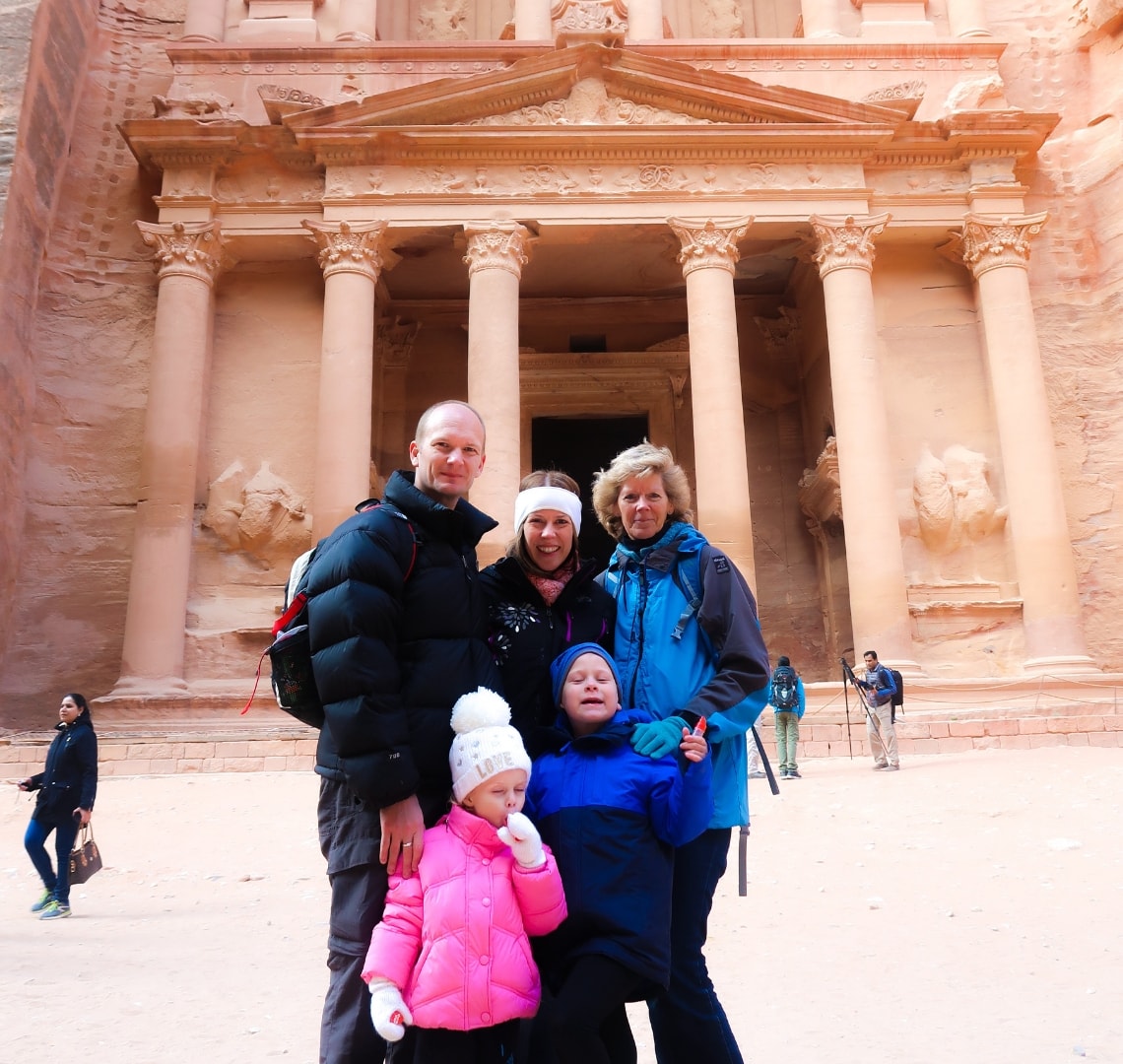 Normal Expat Christmas - Wanderlust family photon front of the Treasury in Petra, Jordan