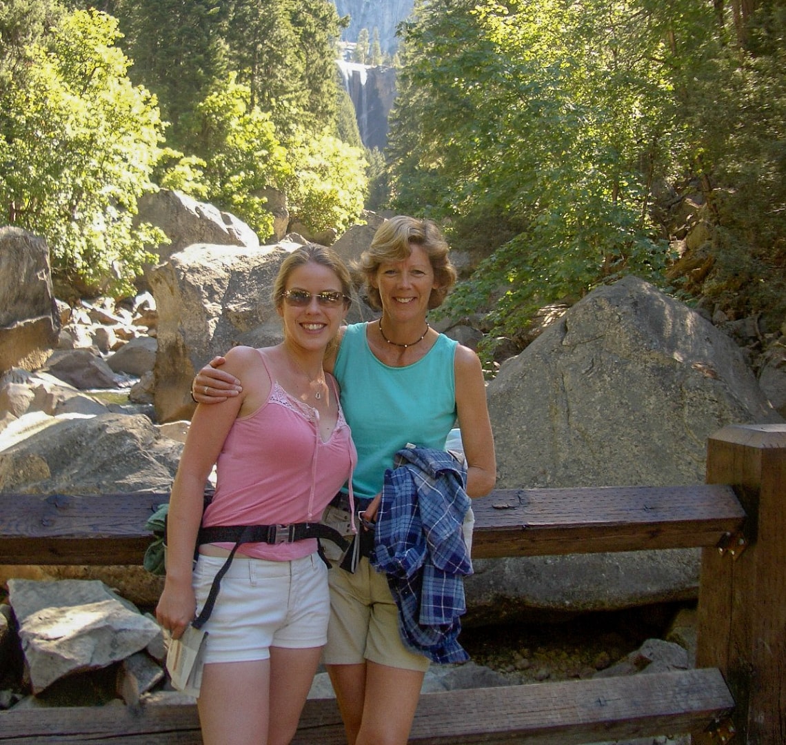 People Who Changed My Life - me and mum in front of a waterfall in Yosemite National Park