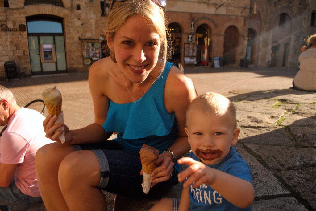 Me eating gelato in Italy with Thing 1 (he has it ALL OVER HIS FACE!) - trip of a lifetime