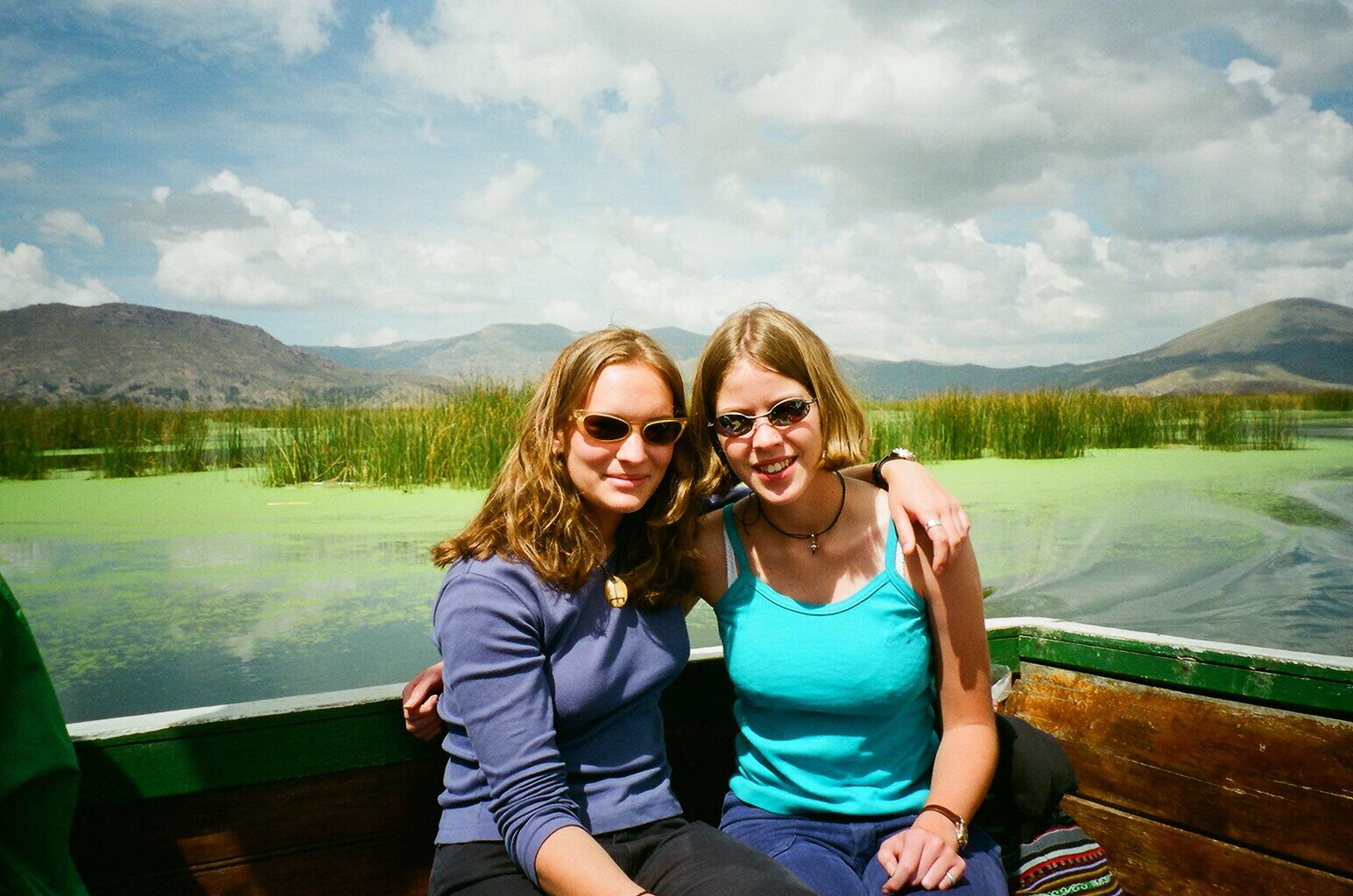 Me and my friend on a boat in Lake Titicaca