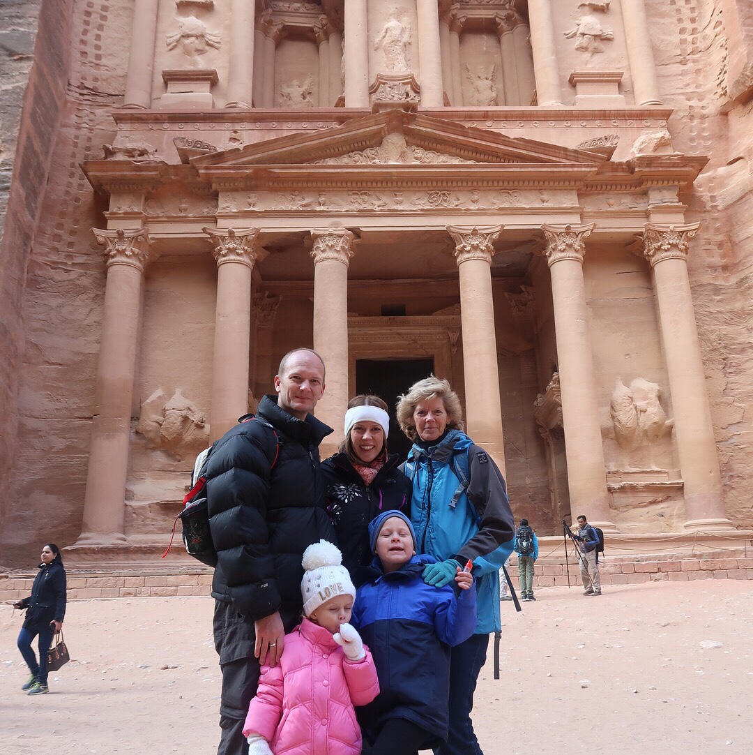 The Wanderlust Family outside the Treasury at Petra